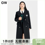 gw大码女装学院风刺绣徽章，长款西装风衣，2024春梨型微胖mm大衣