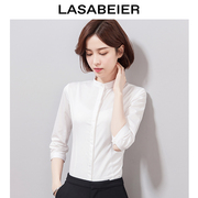 立领白衬衫女七分袖职业装2020春夏韩版修身短袖白衬衣工作服
