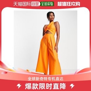 香港直邮潮奢asos女士，设计轻浮前扭纹小脚，橙色连衣裤