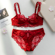 大码文胸套装性感透明超薄款蕾丝网纱镂空无海绵女士内衣红色夏季