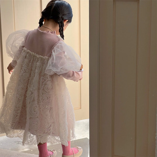 女童韩国童装2023春假两件拼接连衣裙，立体花朵蓬蓬纱裙公主裙