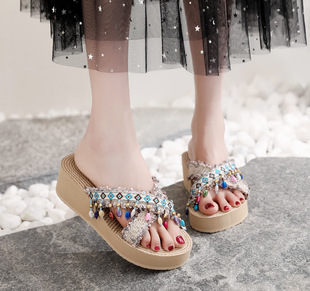 交叉拖鞋女民族风夏季外穿时尚小香带凉拖坡跟厚底沙滩凉鞋潮