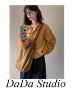 日系复古黄色圈圈长袖毛衣女冬法式高级感短款外套宽松显瘦针织衫