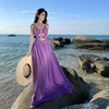 绝美紫色深v挂脖吊带镂空连衣裙，雪纺沙滩裙海边度假气质飘逸长裙