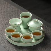 汝窑盖碗整套茶具功夫茶具套装中式家用复古高档开片汝瓷茶杯全套
