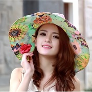 外贸韩国女士透气沙滩，大檐草帽春夏精美花朵，遮阳大沿防嗮手工帽子