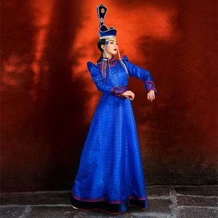 蒙古袍蓝色新娘婚礼服盛装少数民族风舞蹈演出敬酒服饰长裙伴娘