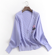 x678立体花朵宽松蝙蝠长袖v领单排扣毛衣开衫秋冬新长袖(新长袖)女针织衫
