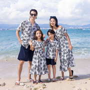 海边度假亲子装连衣裙，母女装椰树沙滩裙，一家三口男童短袖衬衫套装