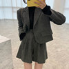 韩国chic秋季复古气质翻领长袖西装外套+高腰阔腿短裤毛呢套装女