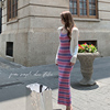马卡龙(马卡龙)色条纹，吊带连衣裙2024女夏季气质，名媛性感紧身包臀长裙