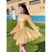 早春长袖黄色仙女连衣裙夏季女2023年高级感法式气质裙子女装