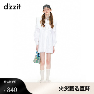 dzzit地素23夏季法式浪漫方领塔克设计蕾丝连衣裙女