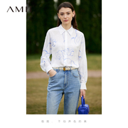 Amii2024秋装设计师手绘玫瑰雪纺衬衫蝙蝠袖白衬衣法式上衣女