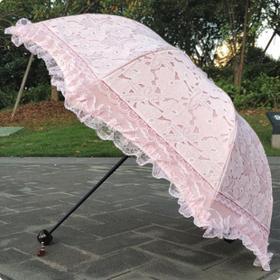 粉红色烧花三折黑胶蕾丝防紫外线，防晒遮阳太阳伞，晴雨伞少女公主伞