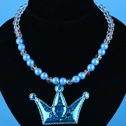 公主项链蓝色大珍珠水晶，女童雪花吊坠，小女孩生日王冠首饰