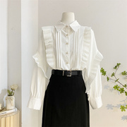 风琴压褶荷叶边衬衫女秋季设计感甜美减龄气质雪纺长袖小衫上衣白