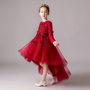 儿童礼服公主裙女童生日红色长袖花童婚纱主持人钢琴演出服秋冬季