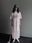 韩国chic夏季复古小众百搭短袖，印花t恤+网纱工艺吊带连衣裙两件套