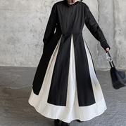 2022春季山本风气质长裙，女小众设计款，黑白拼接立领大摆复古连衣裙
