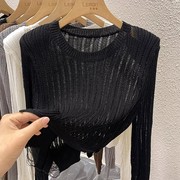 黑色镂空针织衫女秋季长袖设计感小众不规则条纹毛衣防晒罩衫上衣