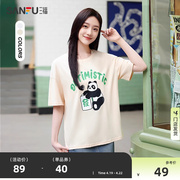 三福短袖2024夏季熊猫图案，t恤圆领，纯棉宽松洋气减龄上衣女装