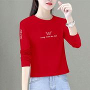 红色纯棉短款长袖T恤春季小个子大码女装显瘦上衣宽松内搭打底衫