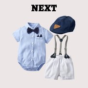 英国next婴儿满月礼服夏季套装，男宝宝绅士衬衫，哈衣短裤爬服+帽子