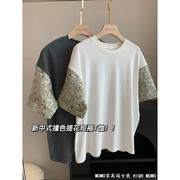 新中式高端~袖子拼接刺绣缎面，高品质国风短袖棉，t恤女夏季2024