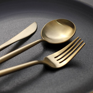 金色304不锈钢牛排叉勺，三件套黑色磨砂玫瑰金家用(金家用)高档西餐餐具