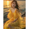 黄色雪纺连衣裙夏装女2024年女海边度假超仙法式遮肚子长裙子