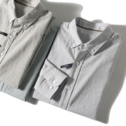 日系文艺风春季男式水洗纯棉复古色织条纹，休闲长袖衬衫衬衣