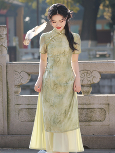 新中式奥黛旗袍改良2024年轻少女绿色连衣裙中国风禅意茶服