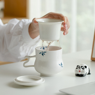 拓土纯手绘蝴蝶兰花泡茶杯家用白瓷杯女茶水分离水杯带盖带把杯子