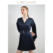 ladyselite慕裁女士连衣裙藏青色，v领落肩，灯笼袖通勤风长袖短裙
