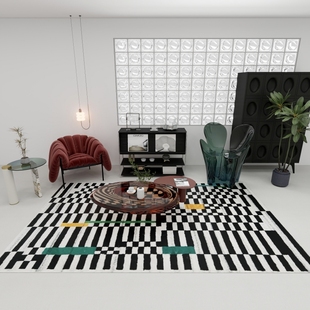 子凡/现代北欧风加厚客厅地毯黑白原色茶几隔音绒毛毯卧室高级感