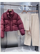CHIC小众设计师保暖立领短款酒红色羽绒服女设计感韩版面包服外套
