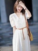 夏装2023优雅仙女棉，裙子港味设计气质法式白色蕾丝收腰连衣裙