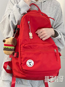 简约百搭大学生红色双肩，包女日系ins风初中高中生书包大容量背包