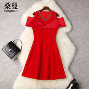 高级感重工露肩v领红色连衣裙时尚夏季镶钻气质修身小个子a字短裙
