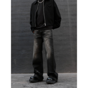 JDKZ春夏美式高街猫须波纹做旧黑灰色牛仔裤男直筒cleanfit微喇裤