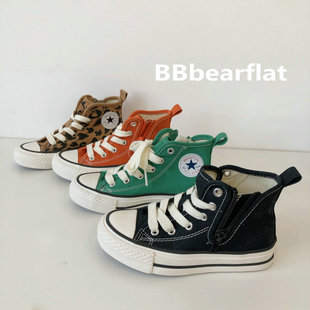 bbbearflat韩国版儿童帆布鞋高帮，侧拉链休闲鞋男女童板鞋软底单鞋