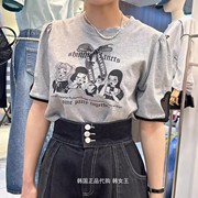 bluebanana韩国2024春夏女装，卡通女孩印花蝴蝶结胸针短袖t恤