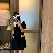 黑色连衣裙女短袖，大翻领垂感2023秋季小个子短款裙子