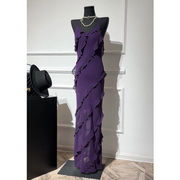 夏季紫色吊带连衣裙高端精致荷叶边阔太太气质名媛长裙子礼服