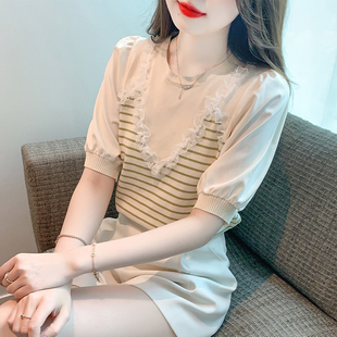 2024夏季韩版甜美条纹冰丝针织衫短袖T恤拼接蕾丝花边上衣女