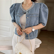 韩国女装23夏季韩版短款设计感泡泡袖气质名媛重工订珠牛仔外套女