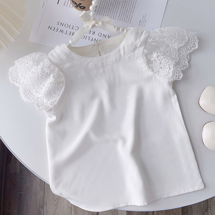 女童白色雪纺衫夏季蕾丝小飞袖，衬衫上衣中小童女宝宝圆领公主t恤