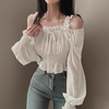 韩国chic春季法式气质方领露肩设计感打揽收腰显瘦褶皱长袖衬衫女