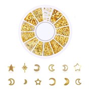 美甲日系星月铆钉饰品金属圈，镂空圆盘混装diy指甲金色亮贴片